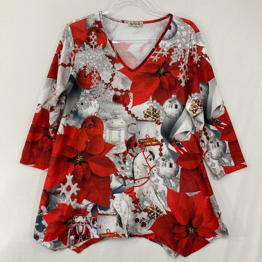 One World Top size XL Red Poinsettia Festive  Holiday Shark-bite Stretch Knit‎